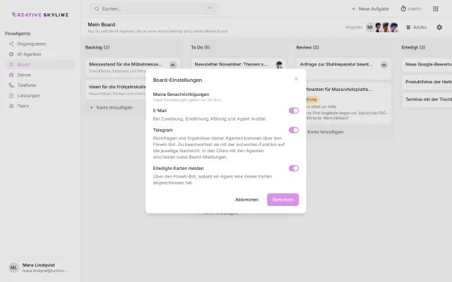 Board-Einstellungen mit Benachrichtigung über Telegram