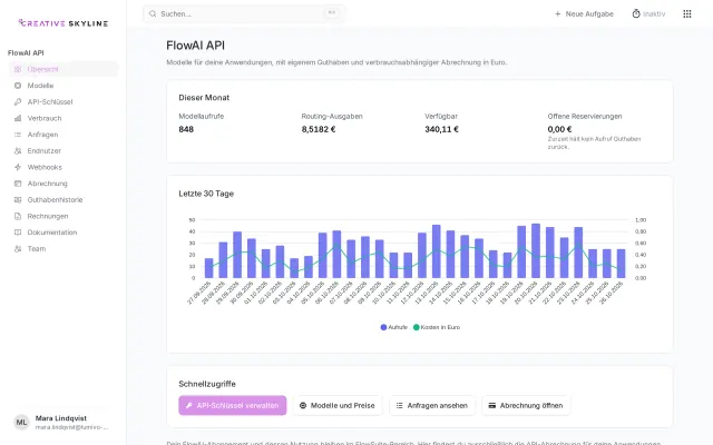 FlowAI-API-Dashboard mit Anfragen und Verbrauch