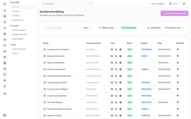 Kundenliste in FlowCRM mit Suche und Filtern