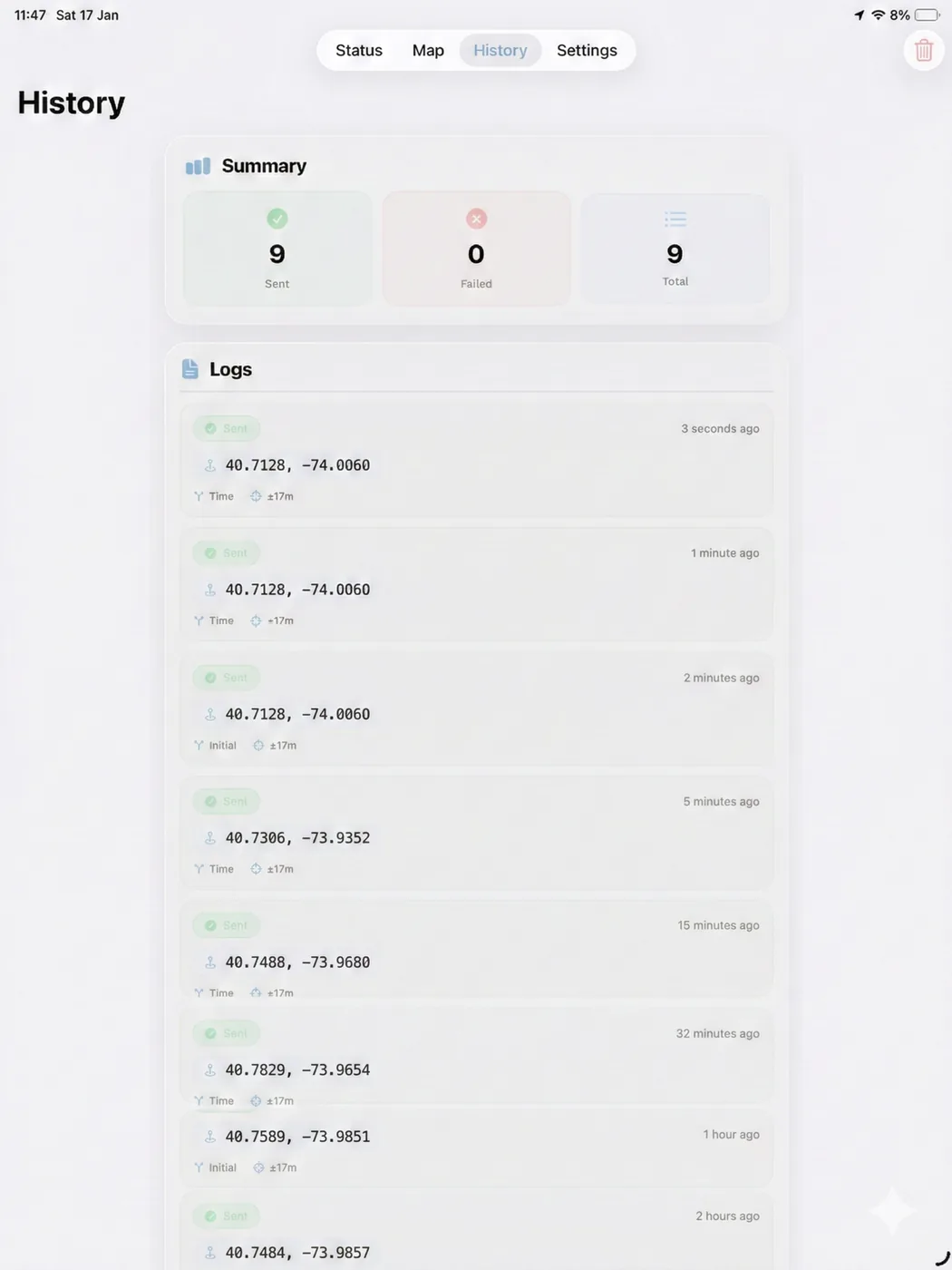 Verlauf von FlowLocate auf dem iPad mit Protokolleinträgen