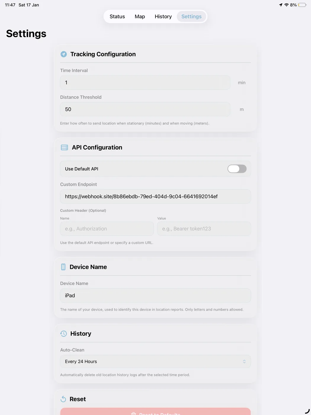 Einstellungen von FlowLocate auf dem iPad mit eigenem Endpunkt und Gerätenamen