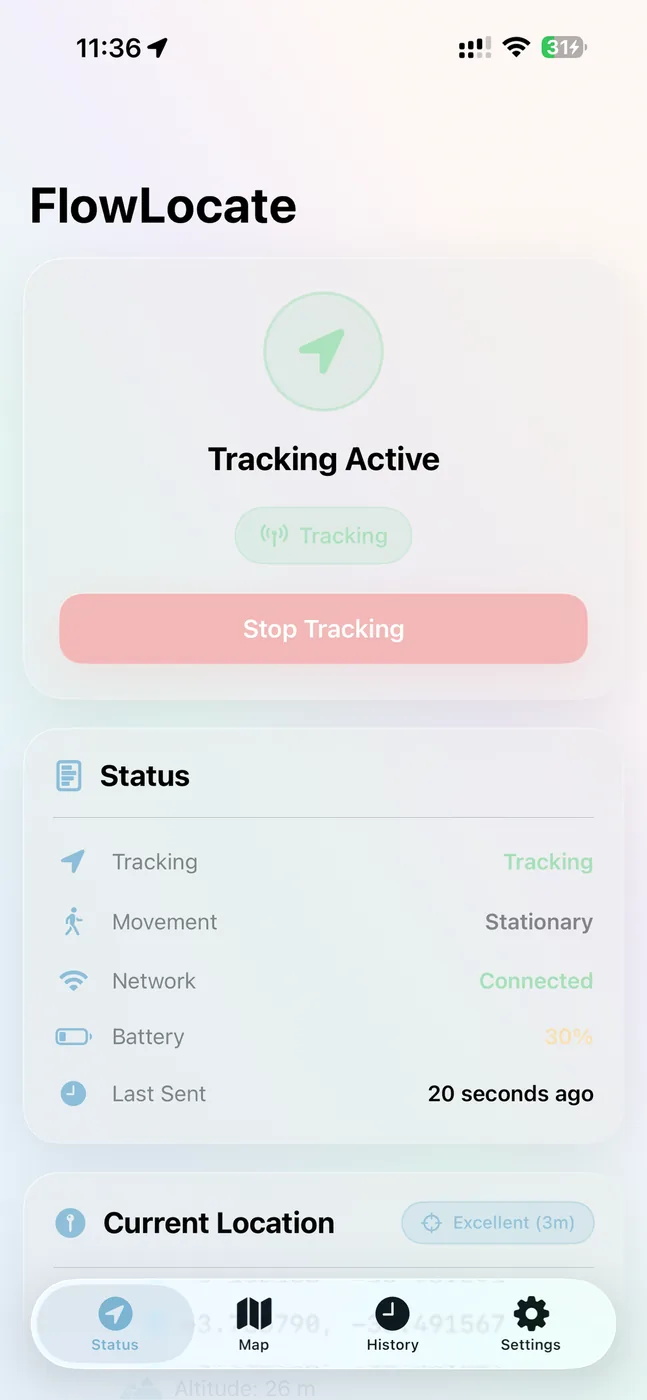 FlowLocate auf dem iPhone: Statusansicht mit aktivem Tracking