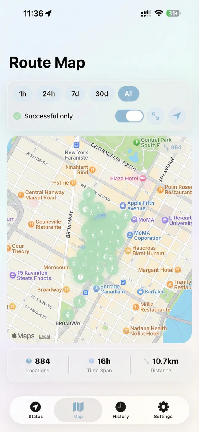Streckenkarte von FlowLocate mit aufgezeichneter Route