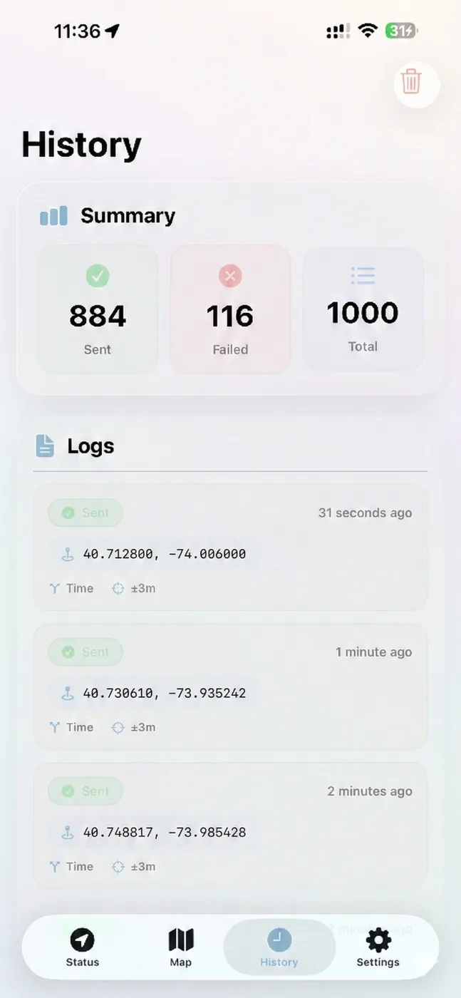 Verlauf von FlowLocate mit gesendeten und fehlgeschlagenen Standorten