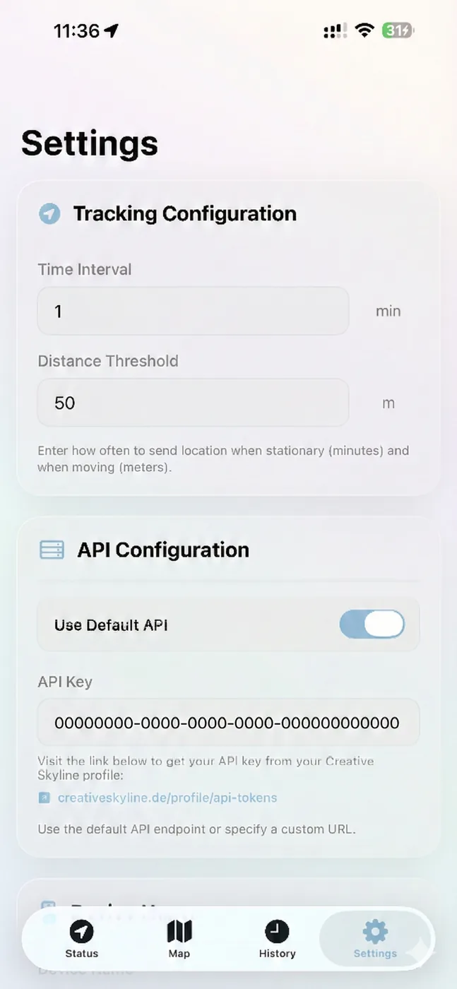 Einstellungen von FlowLocate mit Zeit- und Distanzintervall