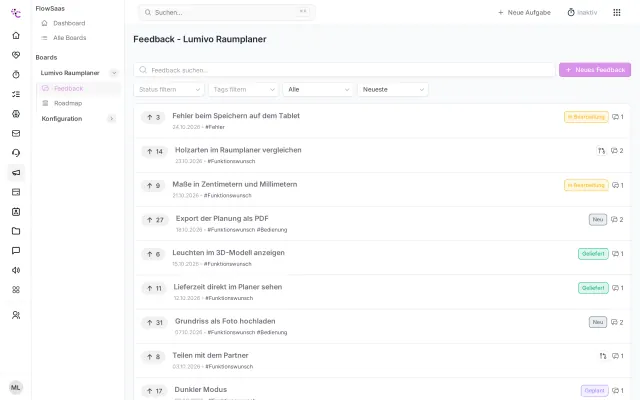 Feedback-Eingang in FlowSaaS mit Stimmen je Beitrag