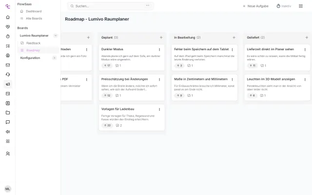 Roadmap in FlowSaaS mit geplanten und laufenden Themen