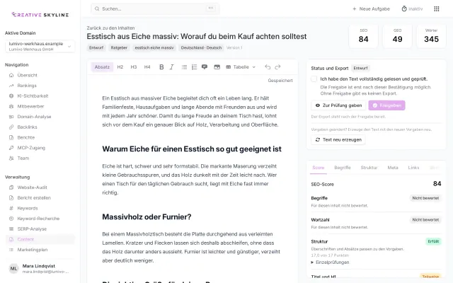 Content-Editor in FlowSEO mit Entwurf und Begriffsabdeckung