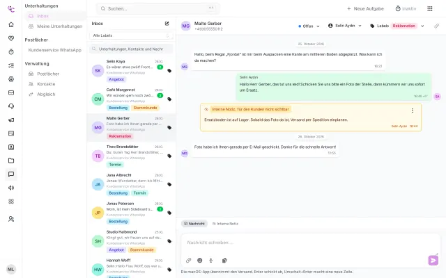 Team-Posteingang in FlowSupport mit WhatsApp-Unterhaltungen