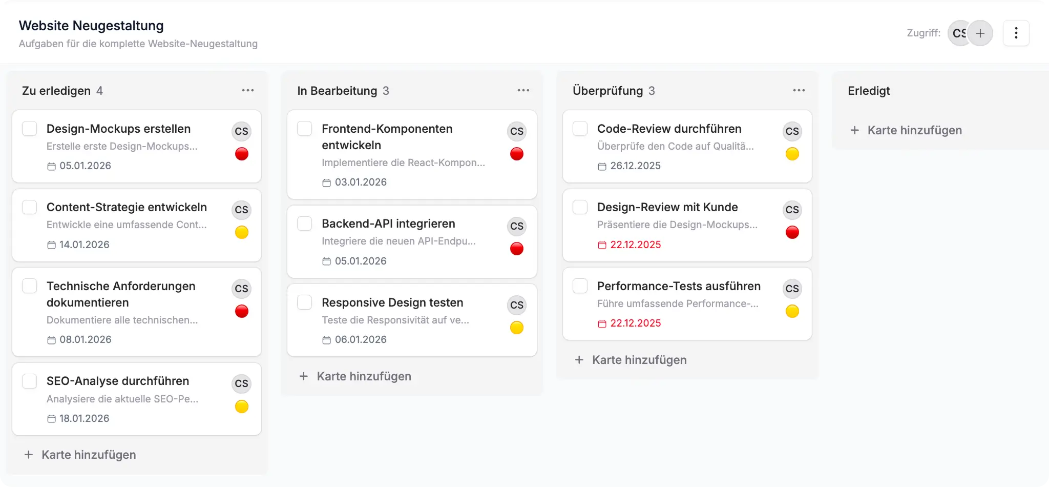 Kanban Board Ansicht