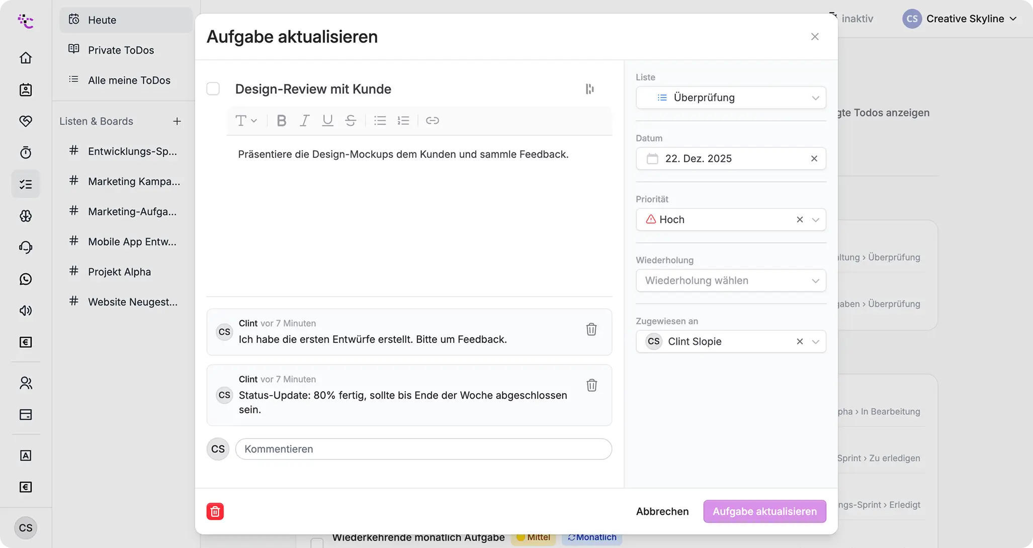 Detailliertes Aufgaben-Formular