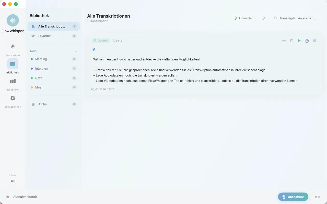 Bibliothek von FlowWhisper auf dem Mac mit allen Transkriptionen