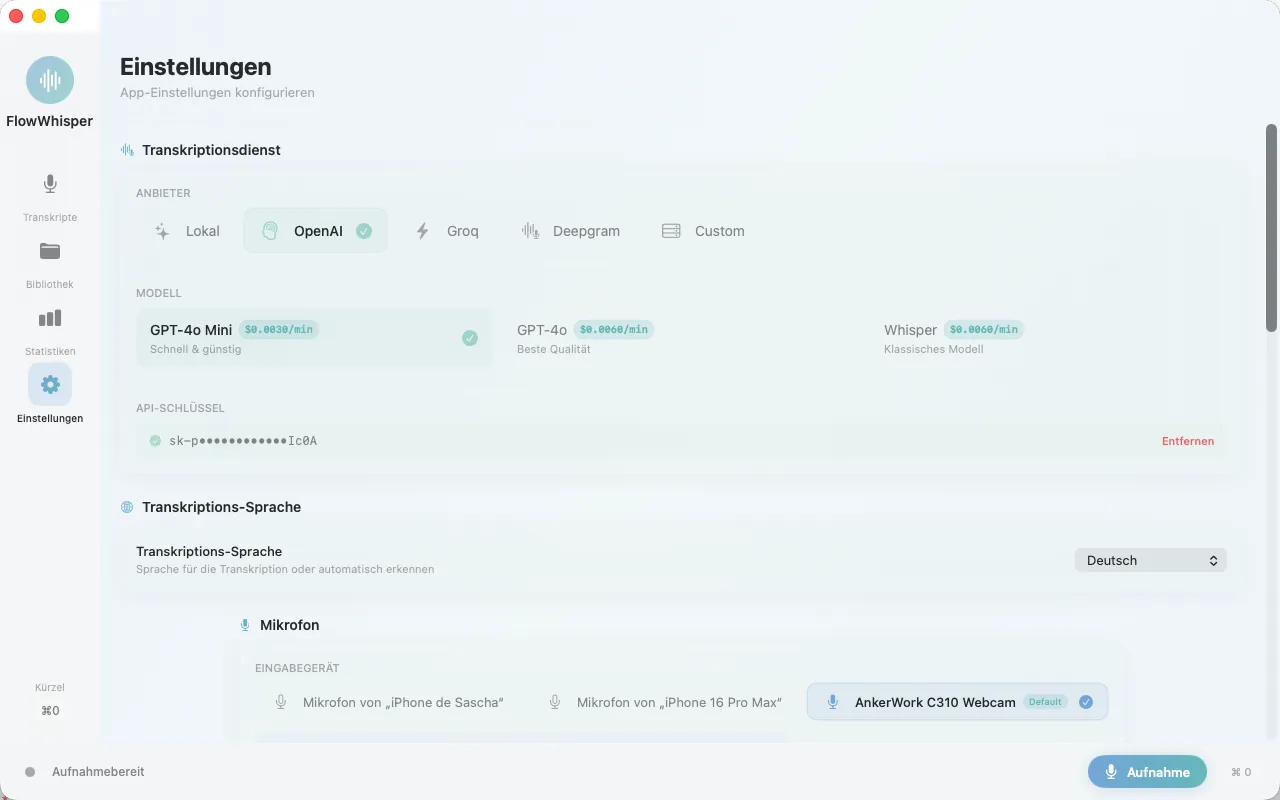 Einstellungen von FlowWhisper auf dem Mac mit Anbietern und Mikrofonauswahl